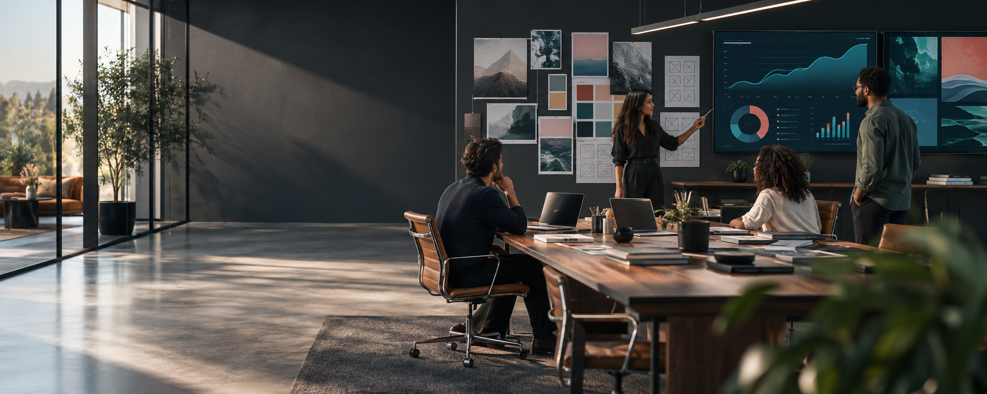 A creative agency team reviewing campaign dashboards in a premium strategy room